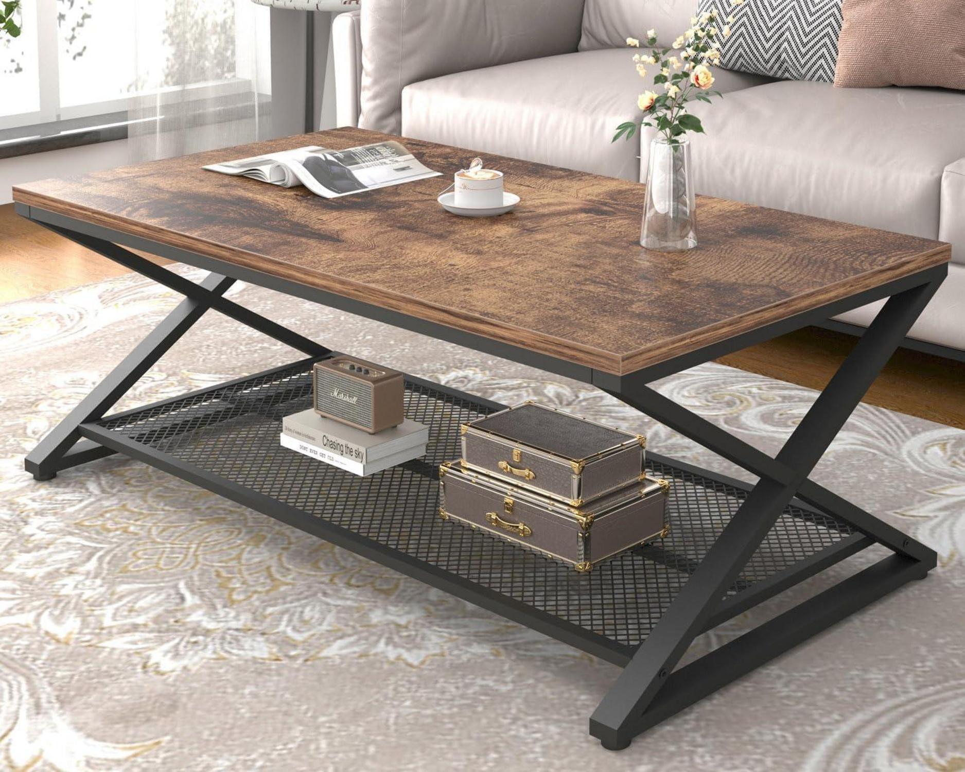 Rustikaler Couchtisch mit 2 Etagen, industrielles Holz-Metall-Design