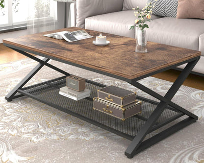 Rustikaler Couchtisch mit 2 Etagen, industrielles Holz-Metall-Design