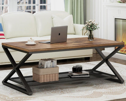 Rustikaler Couchtisch mit 2 Etagen, industrielles Holz-Metall-Design