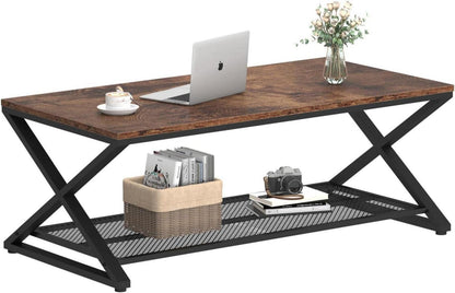 Rustikaler Couchtisch mit Netzablage 2 Etagen Holz Metall 119,4 cm