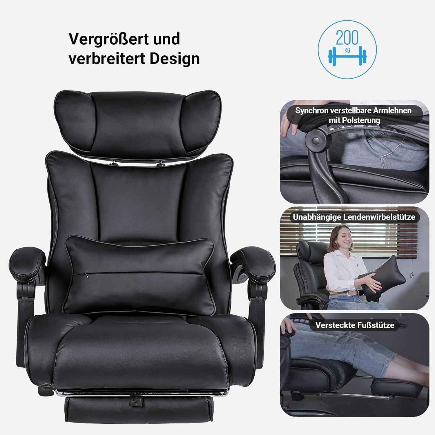 Ergonomischer Chefsessel 200kg, Bürostuhl mit breiter Sitzfläche & Fußstütze