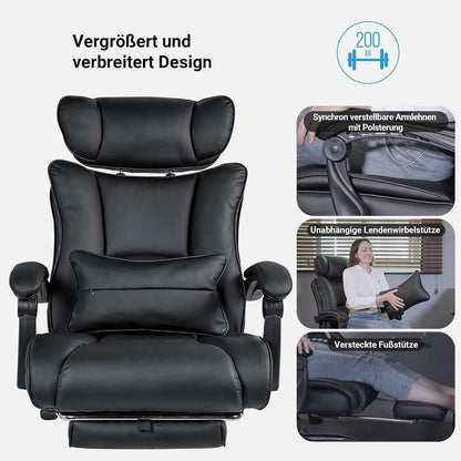 Ergonomischer Chefsessel 200kg, Bürostuhl mit breiter Sitzfläche & Fußstütze