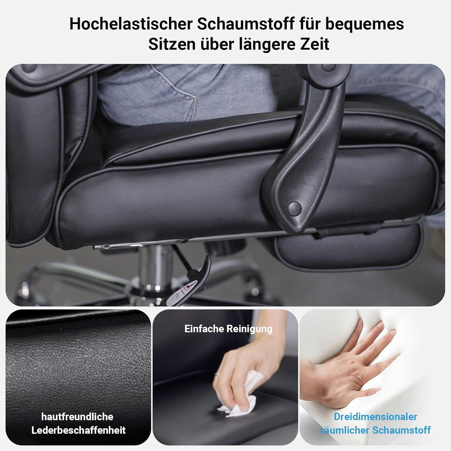 Ergonomischer Chefsessel 200kg, Bürostuhl mit breiter Sitzfläche & Fußstütze