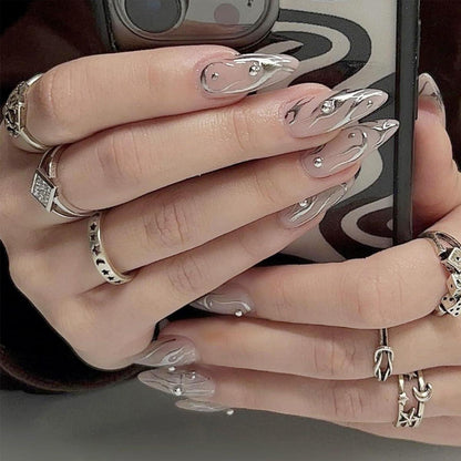 24 Stück Silber Swirl Mandel Nägel Glossy Pink Oval Kurz