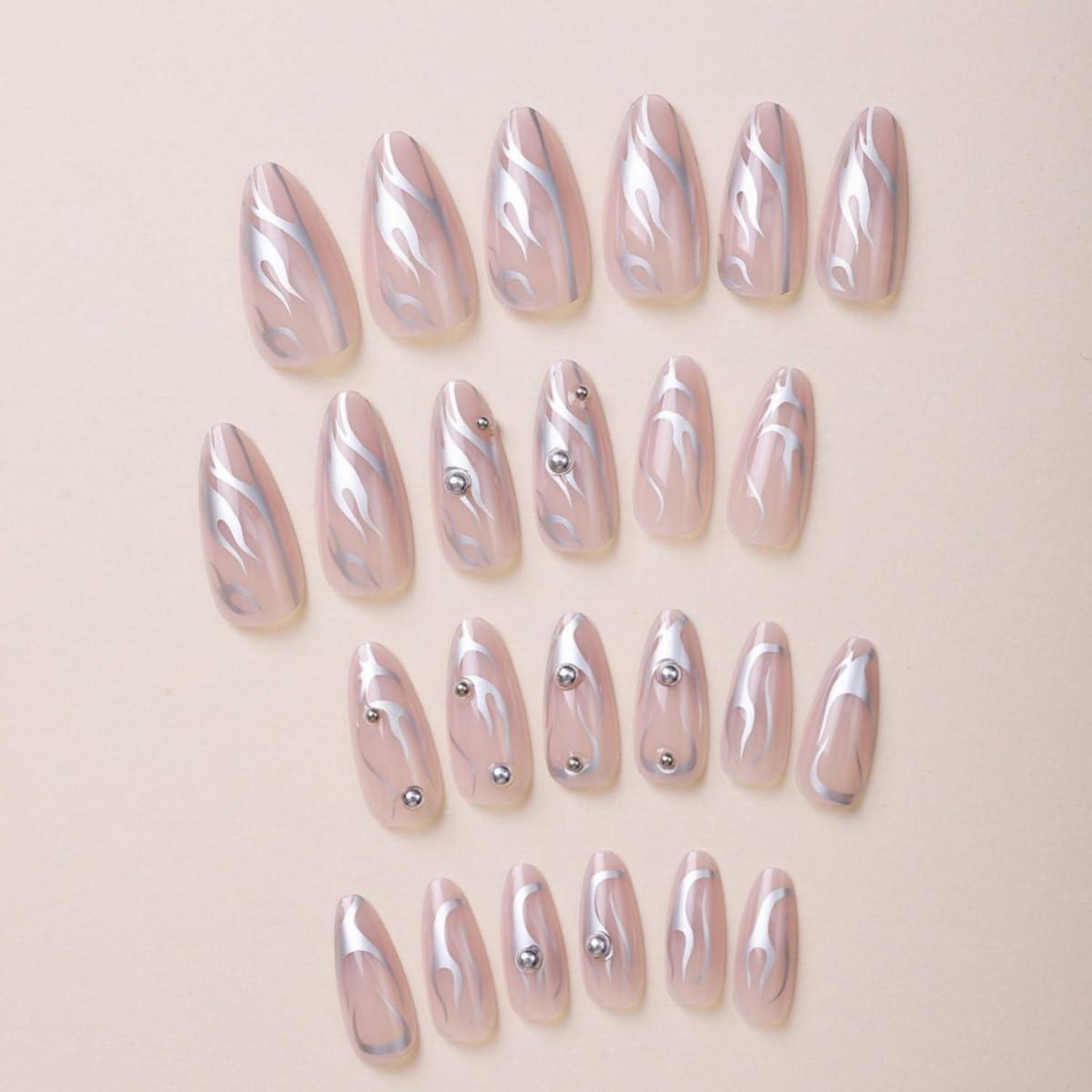 24 Stück Silber Swirl Mandel Nägel Glossy Pink Oval Kurz