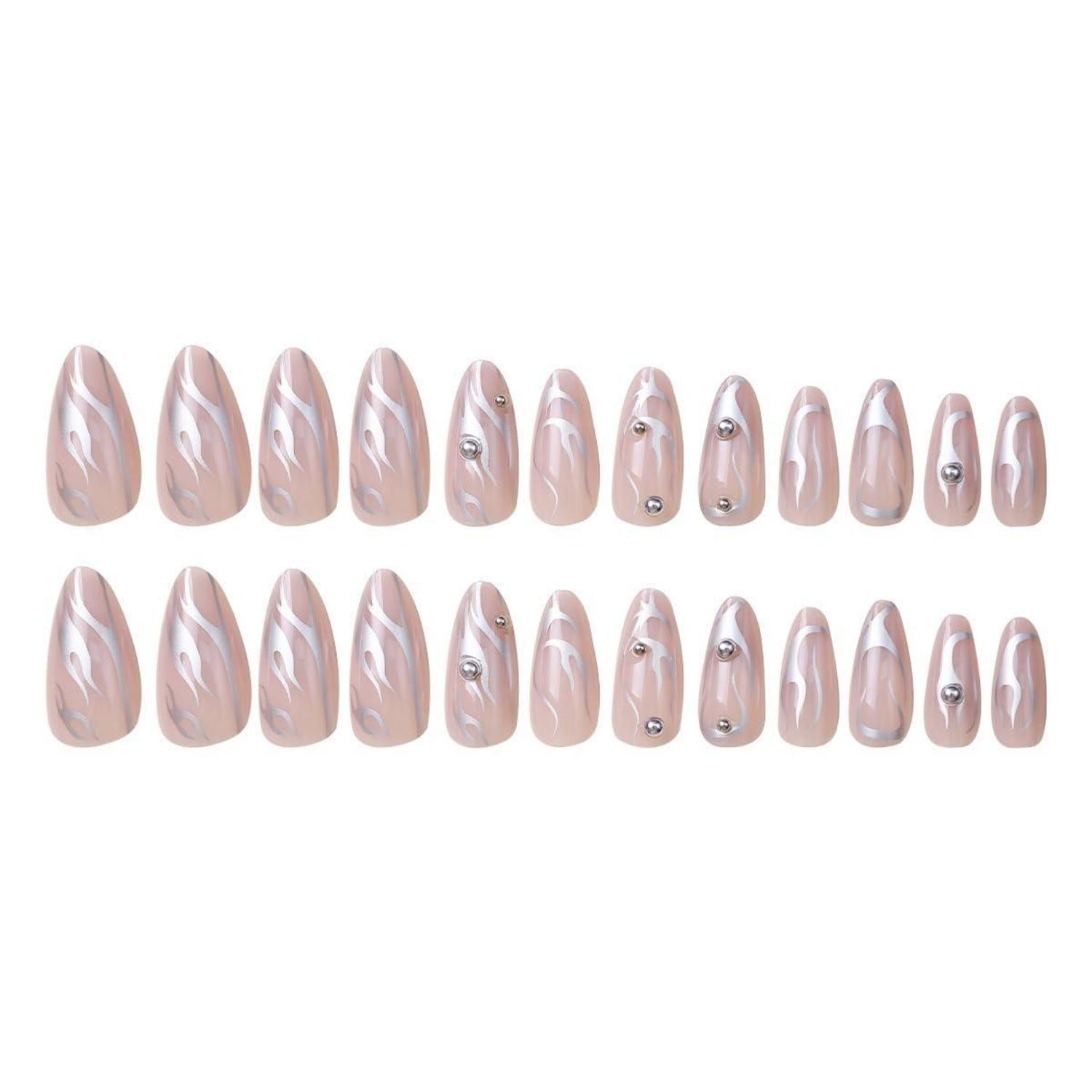 24 Stück Silber Swirl Mandel Nägel Aufkleben Kurz Oval Design Pink