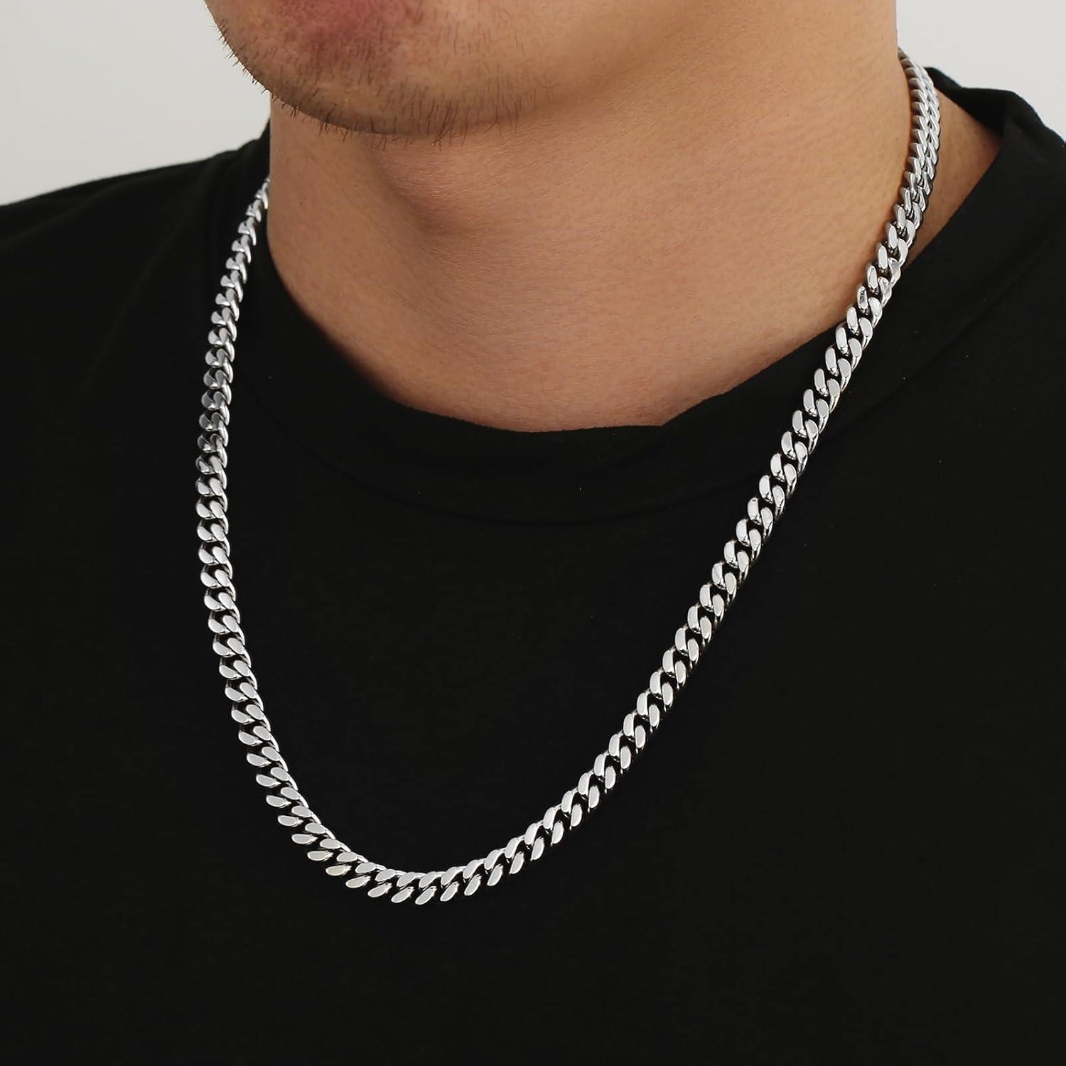 KRKC&CO Herren Panzerkette Edelstahl Cuban Chain 7mm Silber 61cm