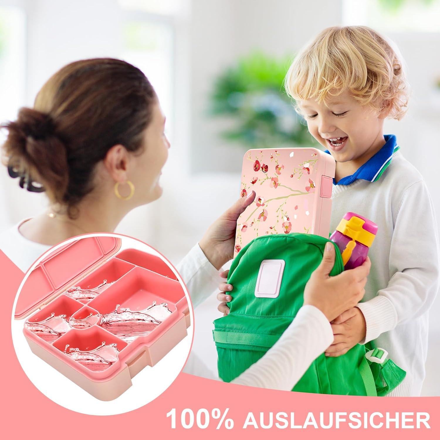 Auslaufsichere Brotdose mit 5 Fächern, Bento-Box für Kinder 1300ml, Rosa
