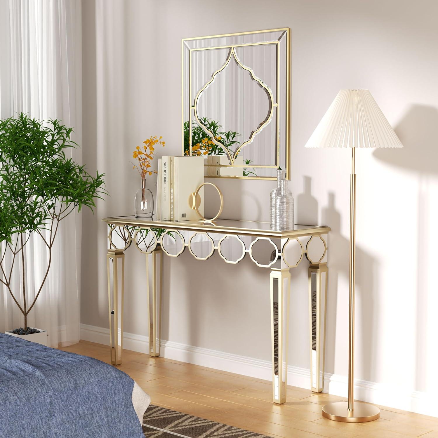 Hochwertiger Goldener Konsolentisch 120 cm Moderne Luxus Spiegelglas Design
