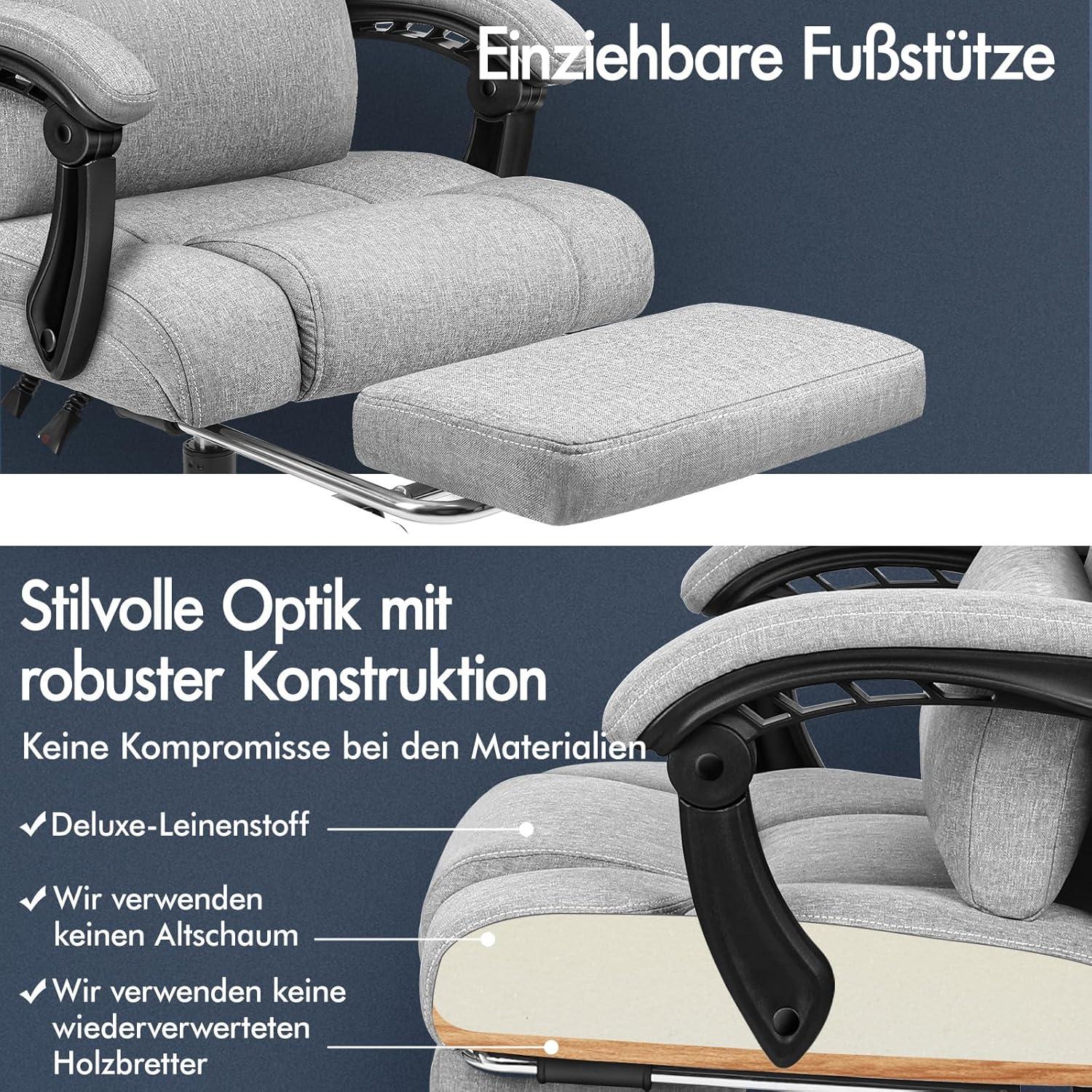 Ergonomischer Bürostuhl mit Fußstütze, hoher Rückenlehne, 150°-Neigung, Stoffmaterial, Grau