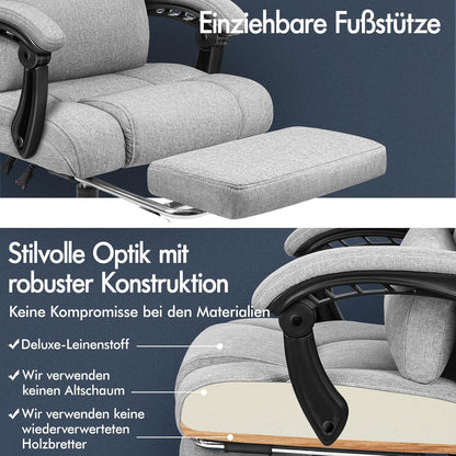Ergonomischer Bürostuhl mit Fußstütze, hoher Rückenlehne, 150°-Neigung, Stoffmaterial, Grau