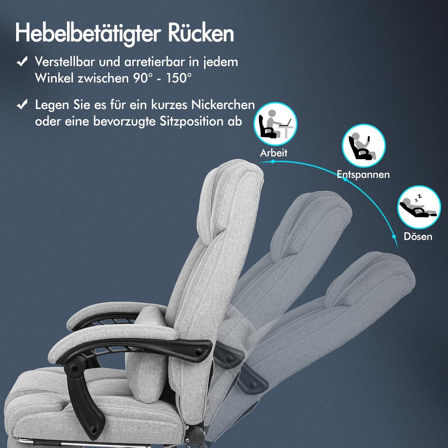 Ergonomischer Bürostuhl mit Fußstütze, hoher Rückenlehne, 150°-Neigung, Grau