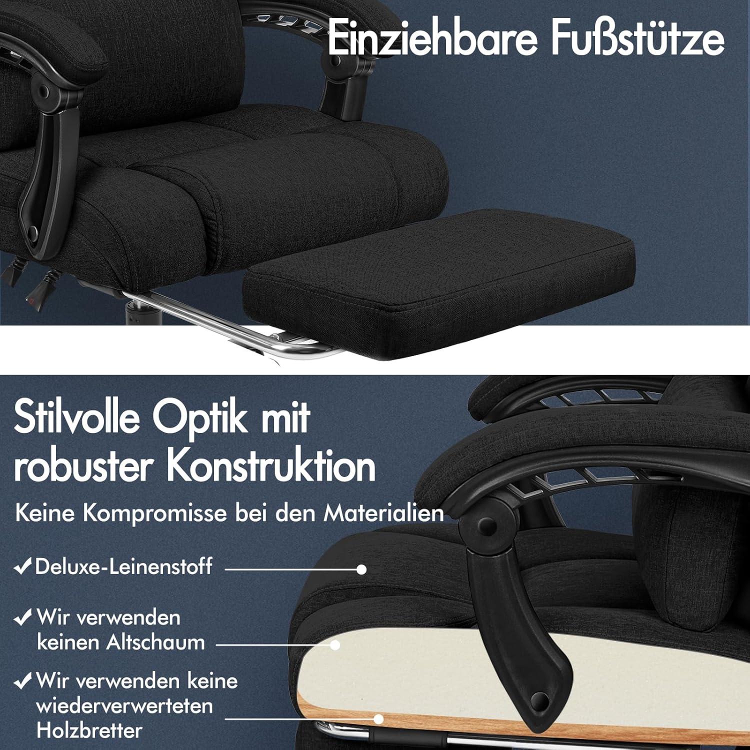 Ergonomischer Bürostuhl mit Fußstütze | Netzstuhl | Schwarz | 150°-Neigung