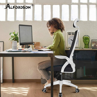 Ergonomischer Bürostuhl mit Lordosenstütze, Kopfstütze, Armlehne - Weiß/Schwarz