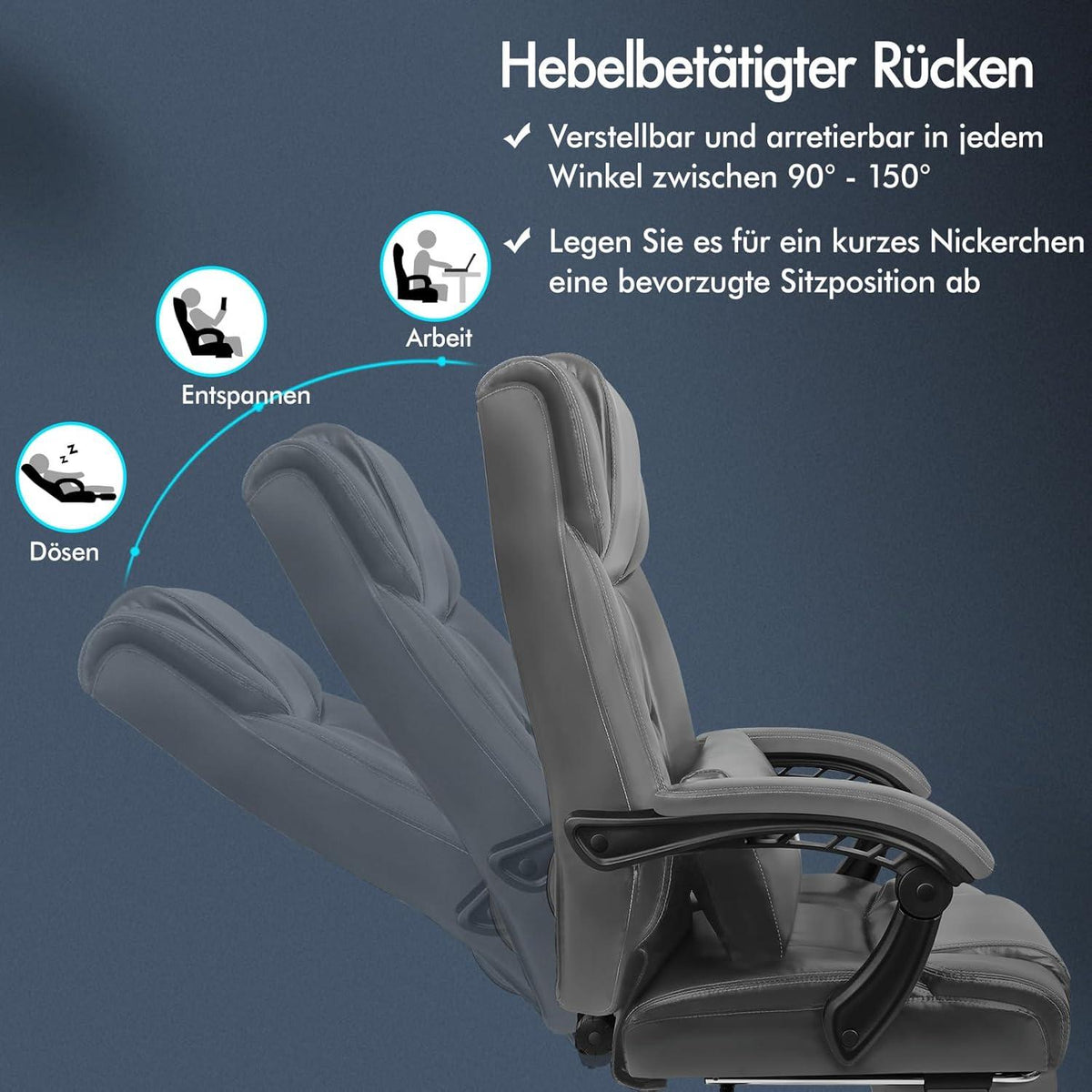 Ergonomischer Bürostuhl mit Fußstütze und hoher Rückenlehne 150°-Neigung Grau