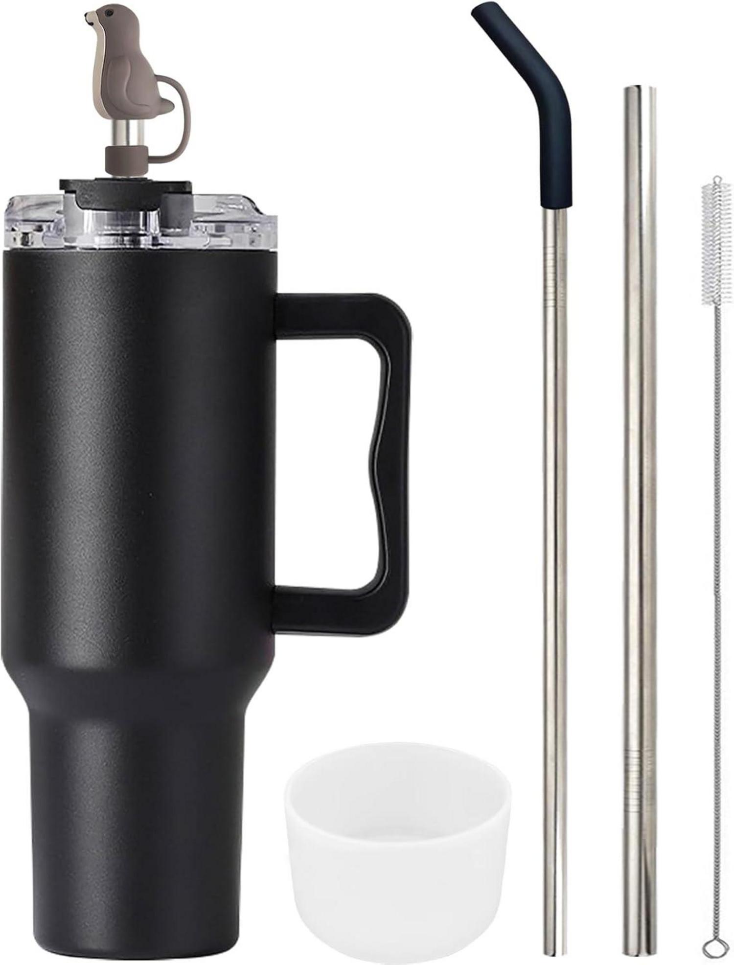 FloweryOcean 40oz Edelstahl Thermobecher to go mit Griff und Strohhalm