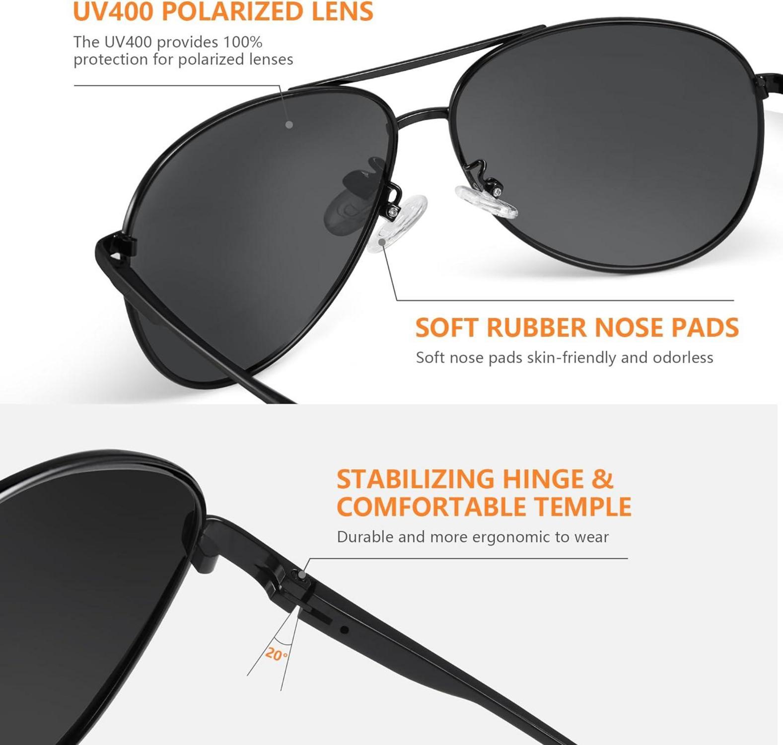 Kunchu Polarisierte Sonnenbrille Herren Damen UV400 Unisex Outdoor Schwarze Fliegerbrille