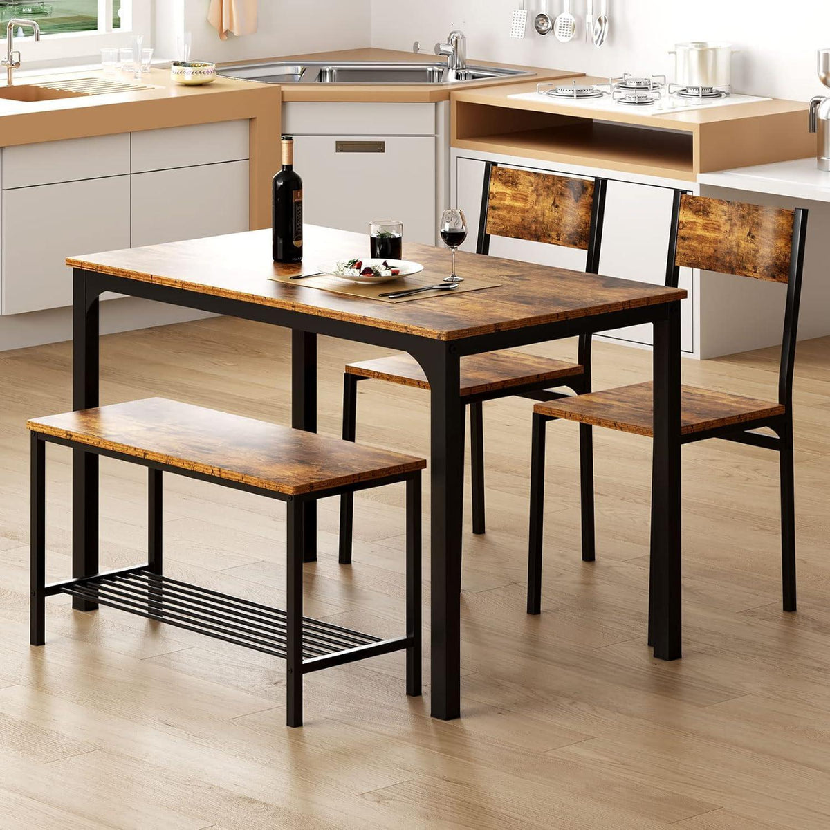 Esstisch-Set für 4 Personen | Vintage Essgruppe mit Tisch, 2 Stühlen & Bank