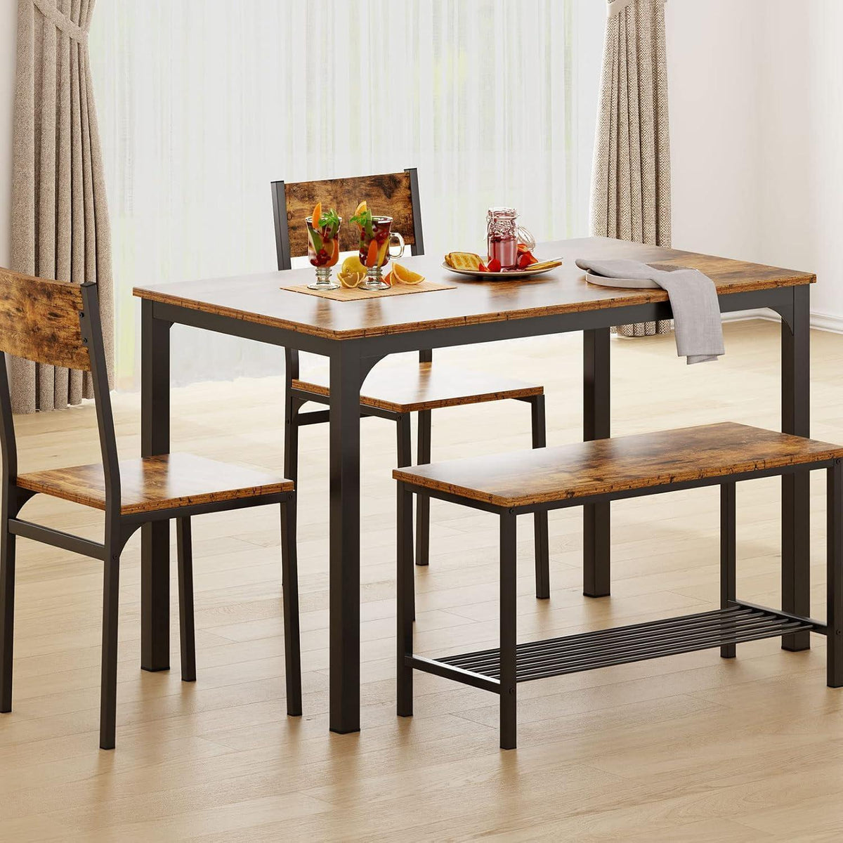 Esstisch-Set für 4 Personen | Vintage Essgruppe mit Tisch, 2 Stühlen & Bank