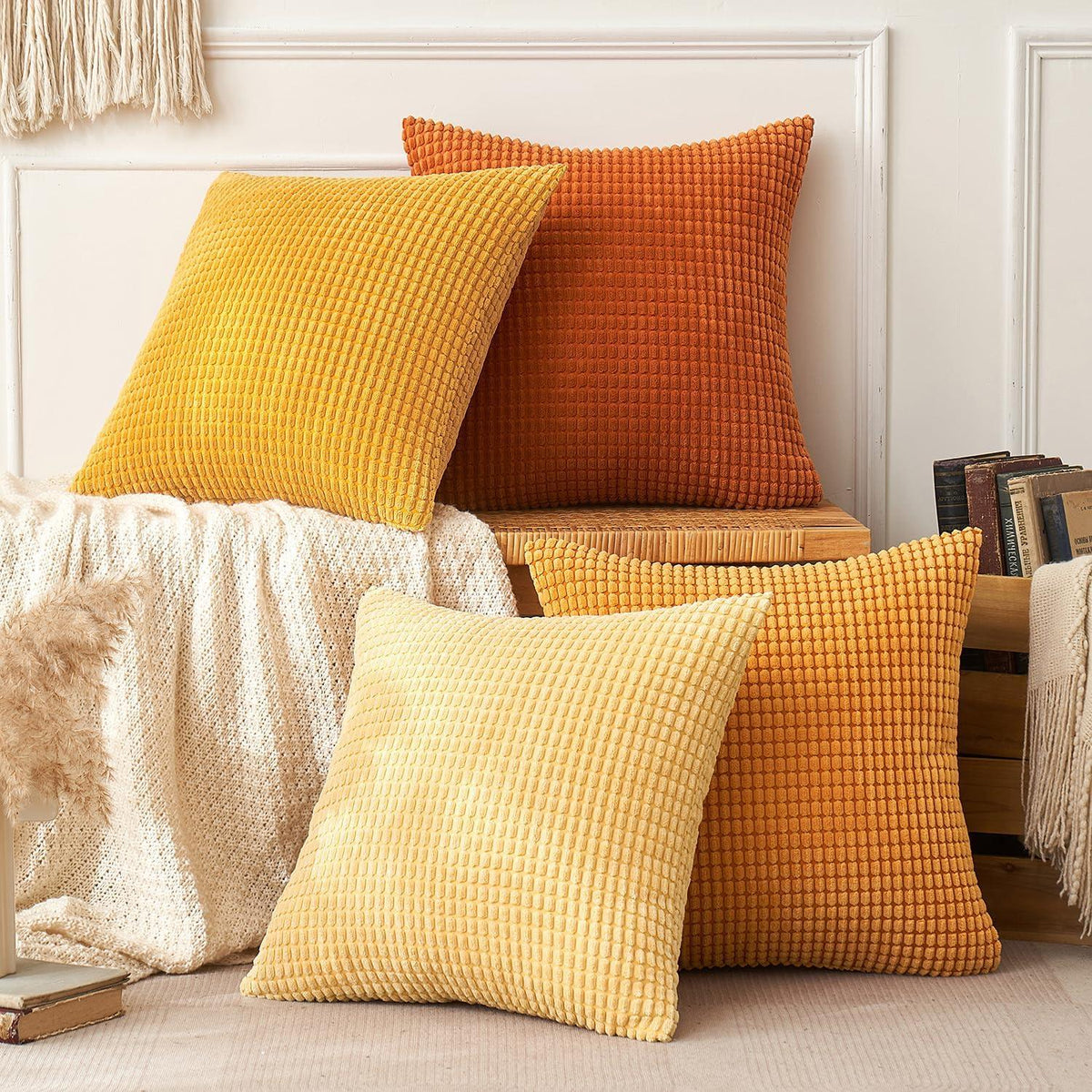 EMEMA Kordsamt Kissenbezug 4er Set Dekokissen 50x50 cm Orange Serie