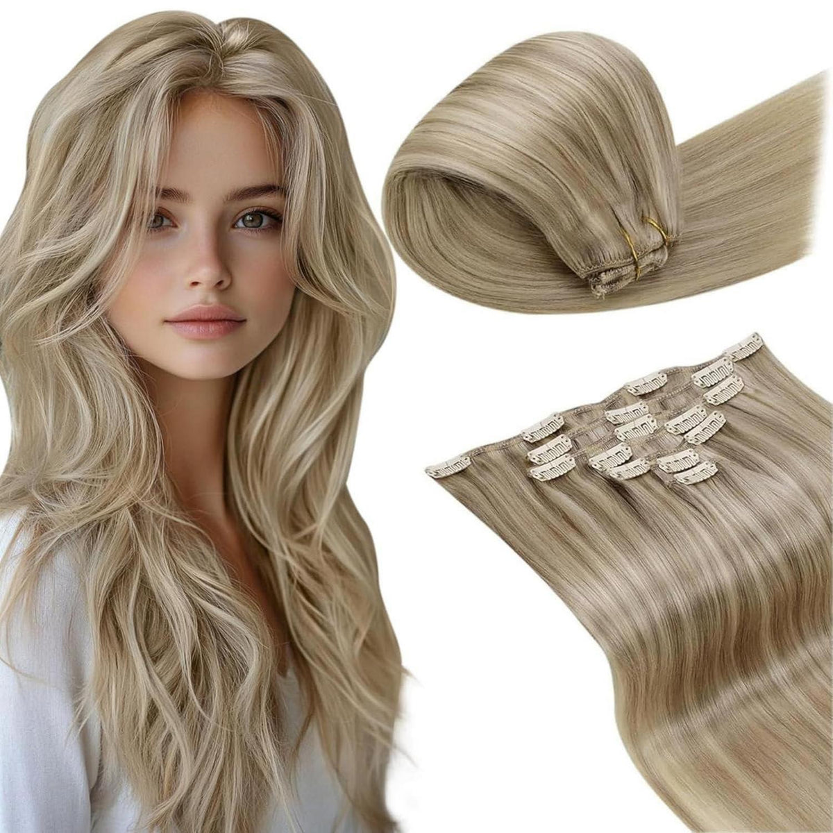 Echthaar Clip-in Extensions Blond Highlights 45cm