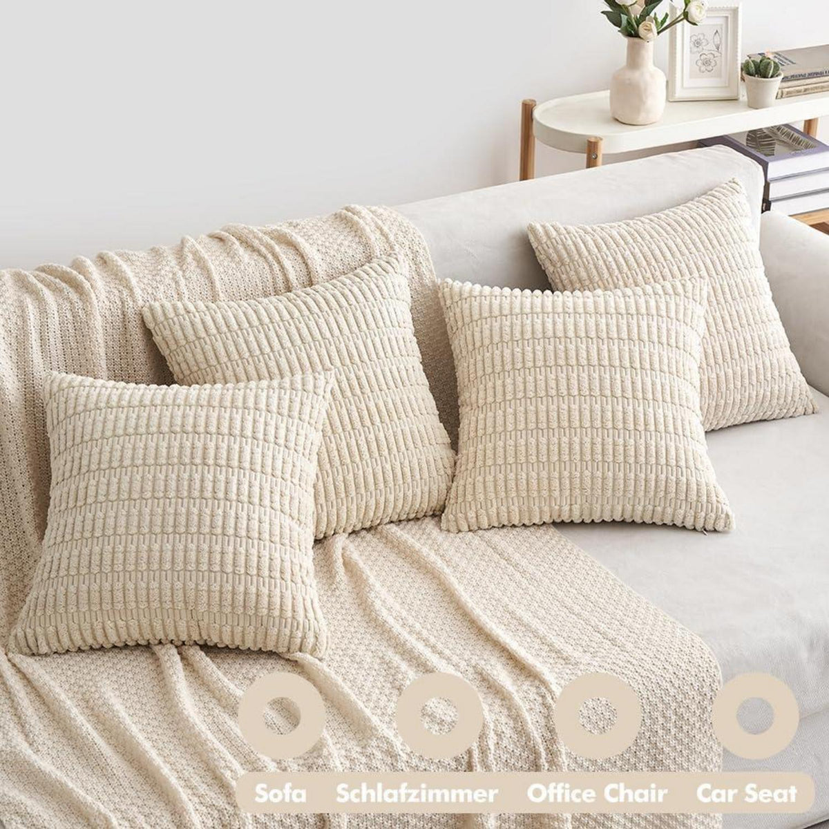 EMEMA Kordsamt Kissenbezüge 4er Set 40x40 cm Dekorative Sofakissen Creme