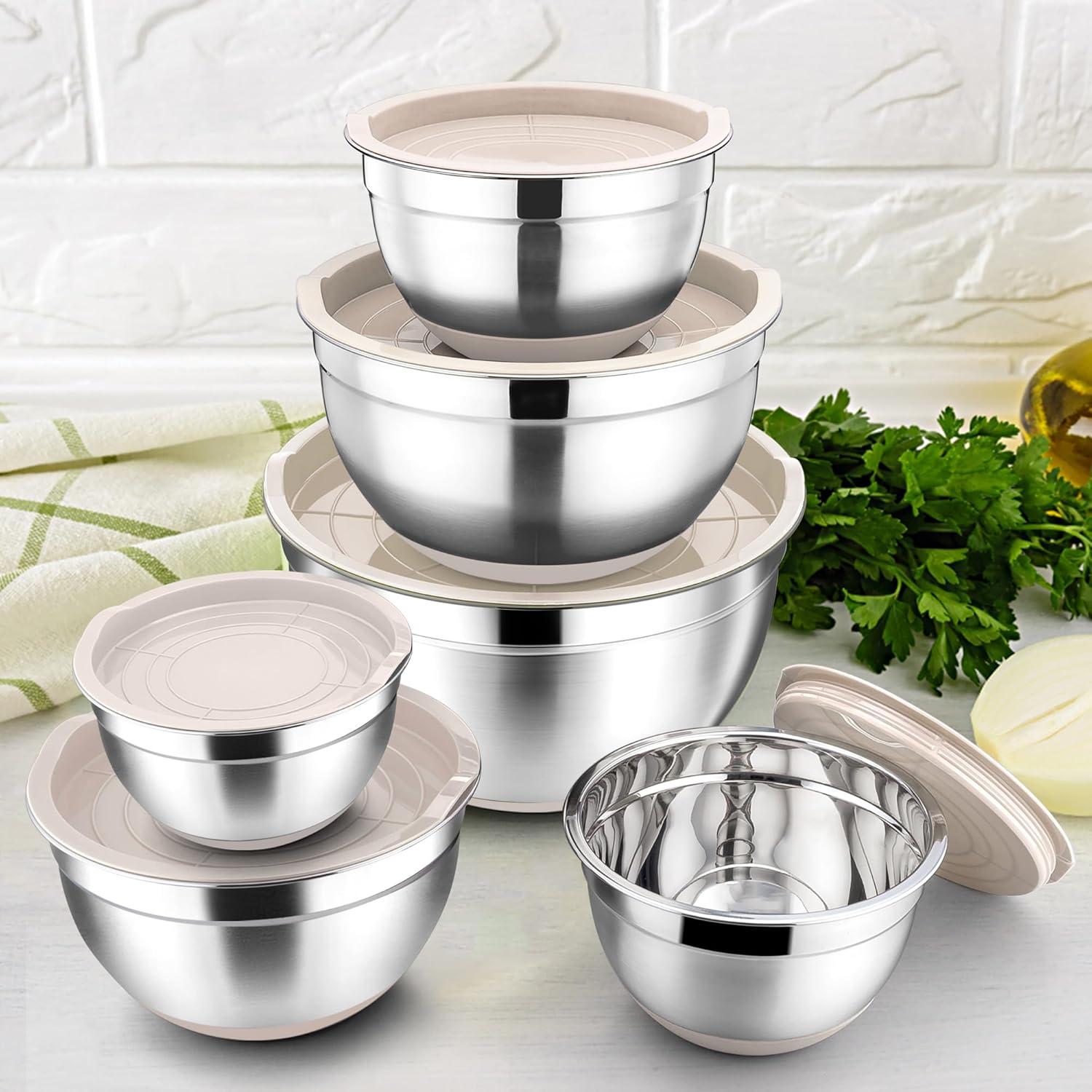 Herogo Rührschüssel 6er Set Edelstahl Salatschüssel Luftdichter Deckel 6,7L/3,3L/2,5L/1,5L/1,2L/0,7L Khaki