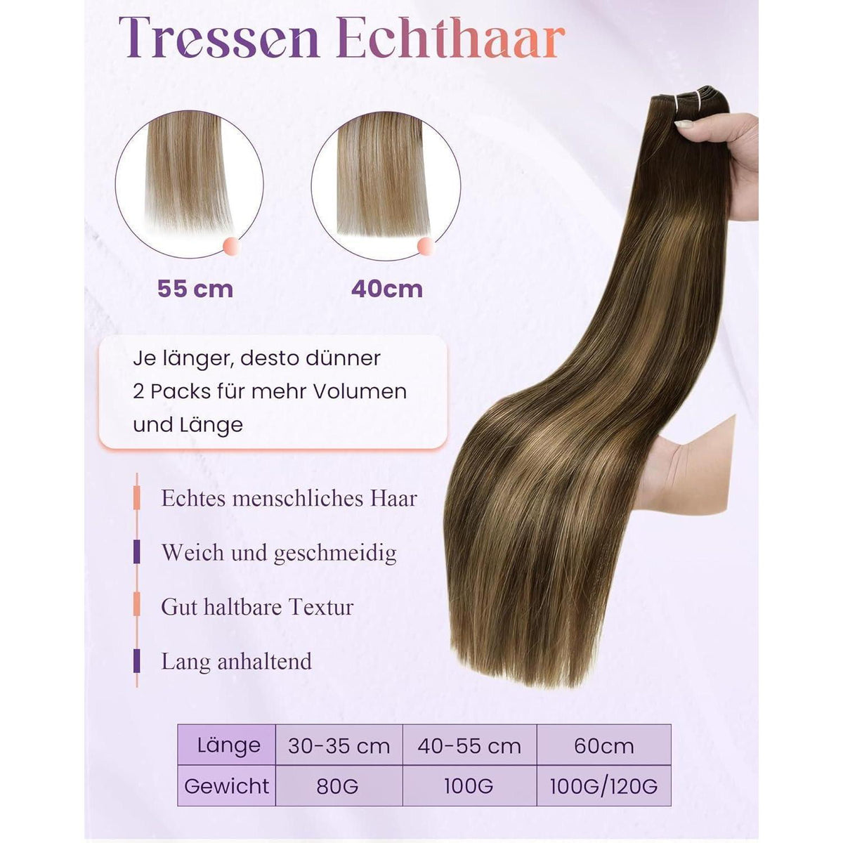 Echthaar Tressen Braun Balayage 50cm - 100g Weft