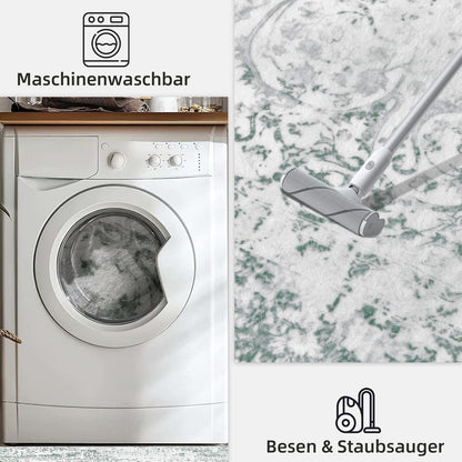 Vintage Teppich grau grünlich 160x230cm Boho Kurzflor waschbar rutschfest
