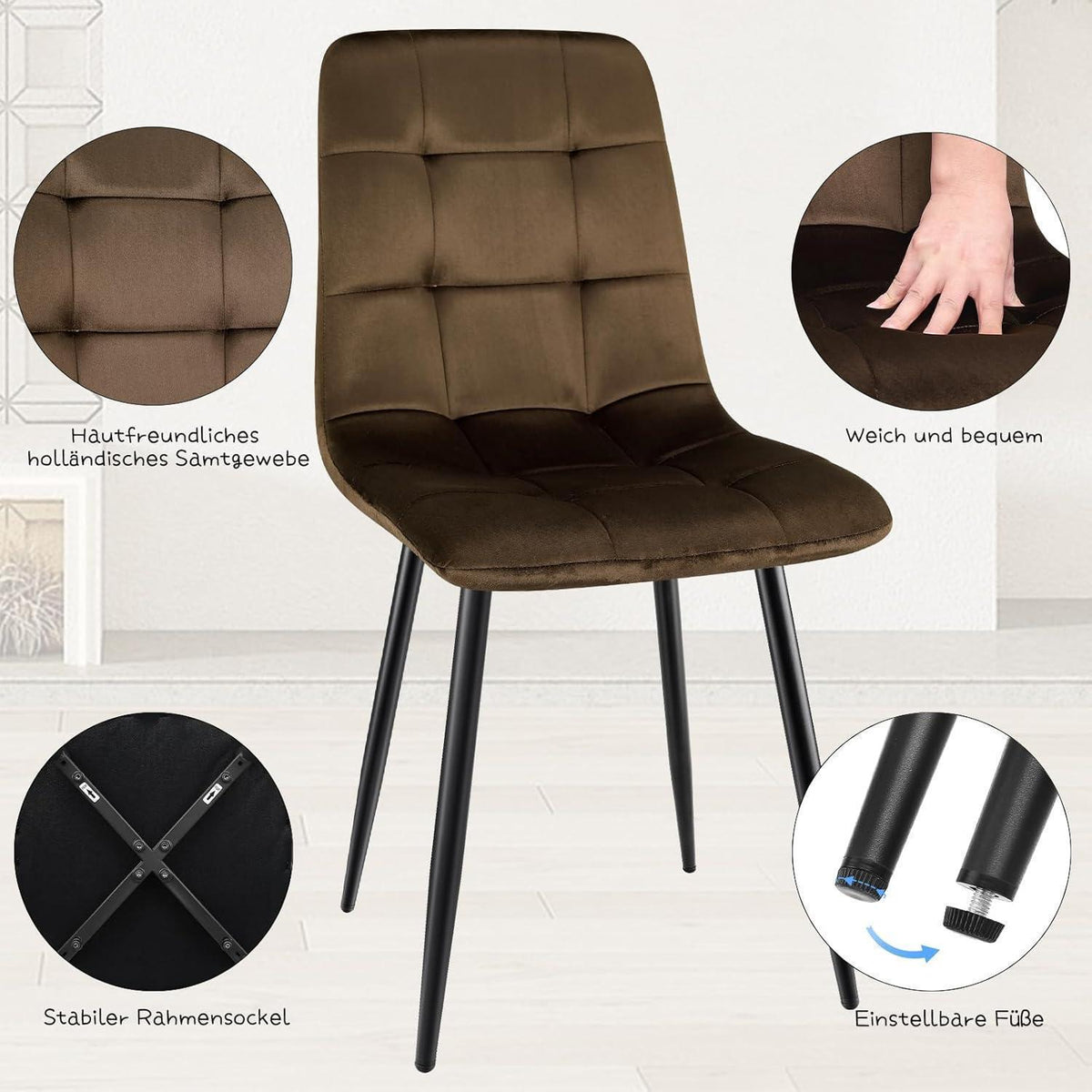 Esszimmerstühle 6er Set, Samt, Braun – Ergonomisch & Robust