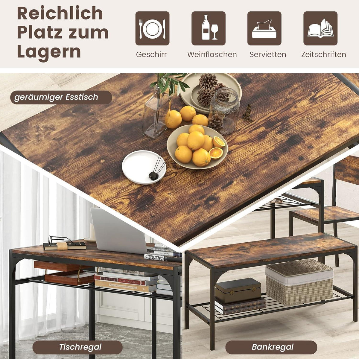 Esstisch Set 4-teilig mit Bank & Stühlen – Rustikales Braun