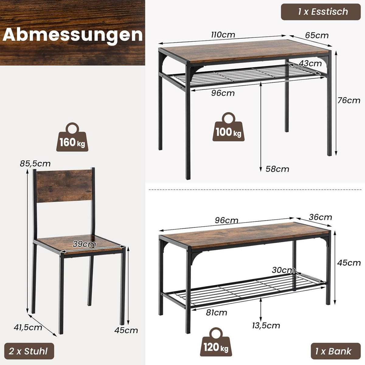 Esstisch Set 4-teilig mit Bank & Stühlen – Rustikales Braun