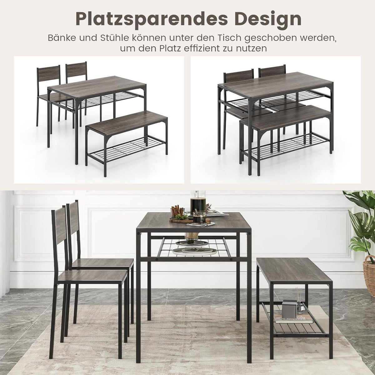Esstisch Set 4-teilig mit Bank & Stühlen – Grau