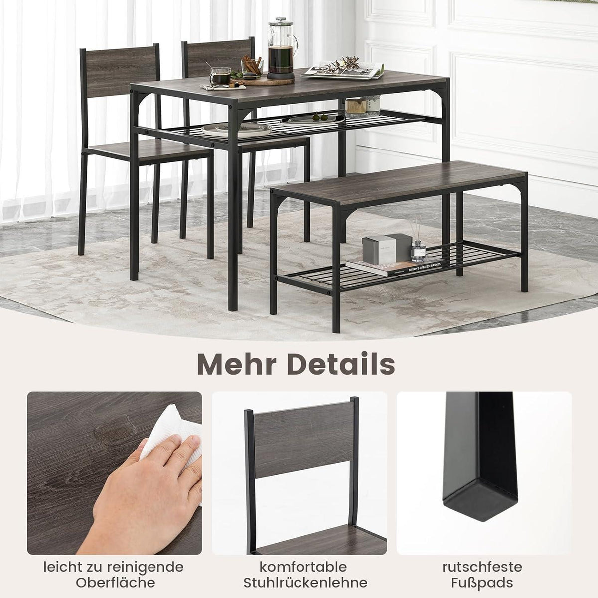 Esstisch Set 4-teilig mit Bank & Stühlen – Grau