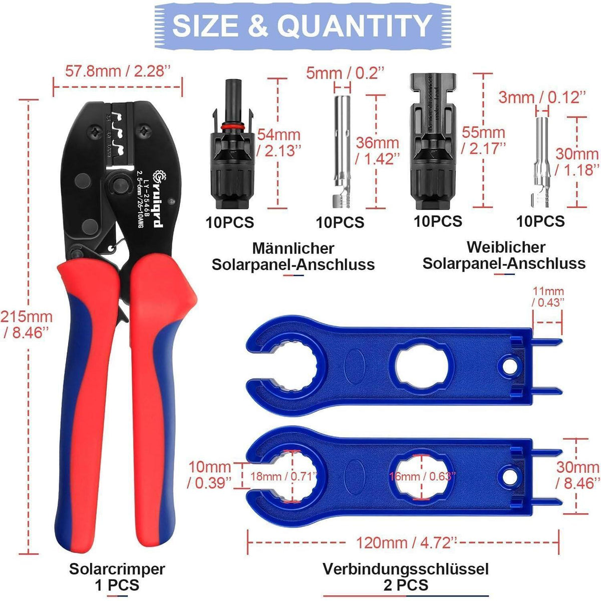 Solar Crimpzange Set für PV Kabel 2.5-6mm² mit Steckern