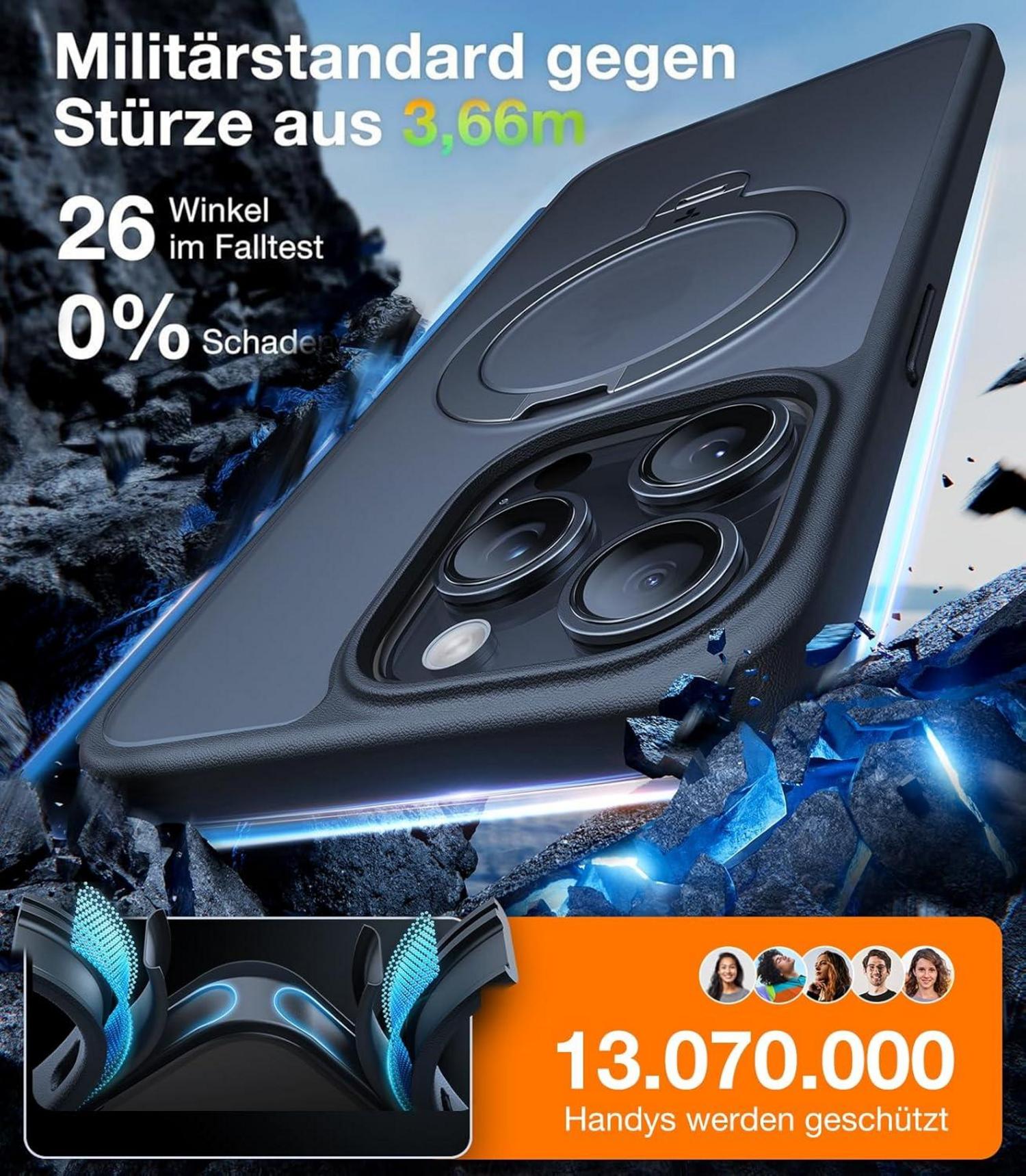 TORRAS 360° Ostand Spin iPhone 14 Pro Hülle Militärschutz Matt Rückseite Schwarz