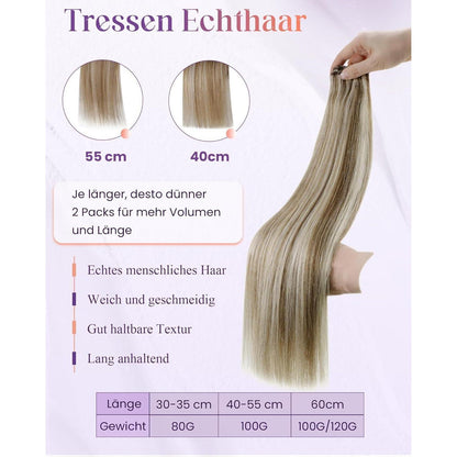 Echthaar Tressen Braun Highlight #P8/60 - 40cm, 100g