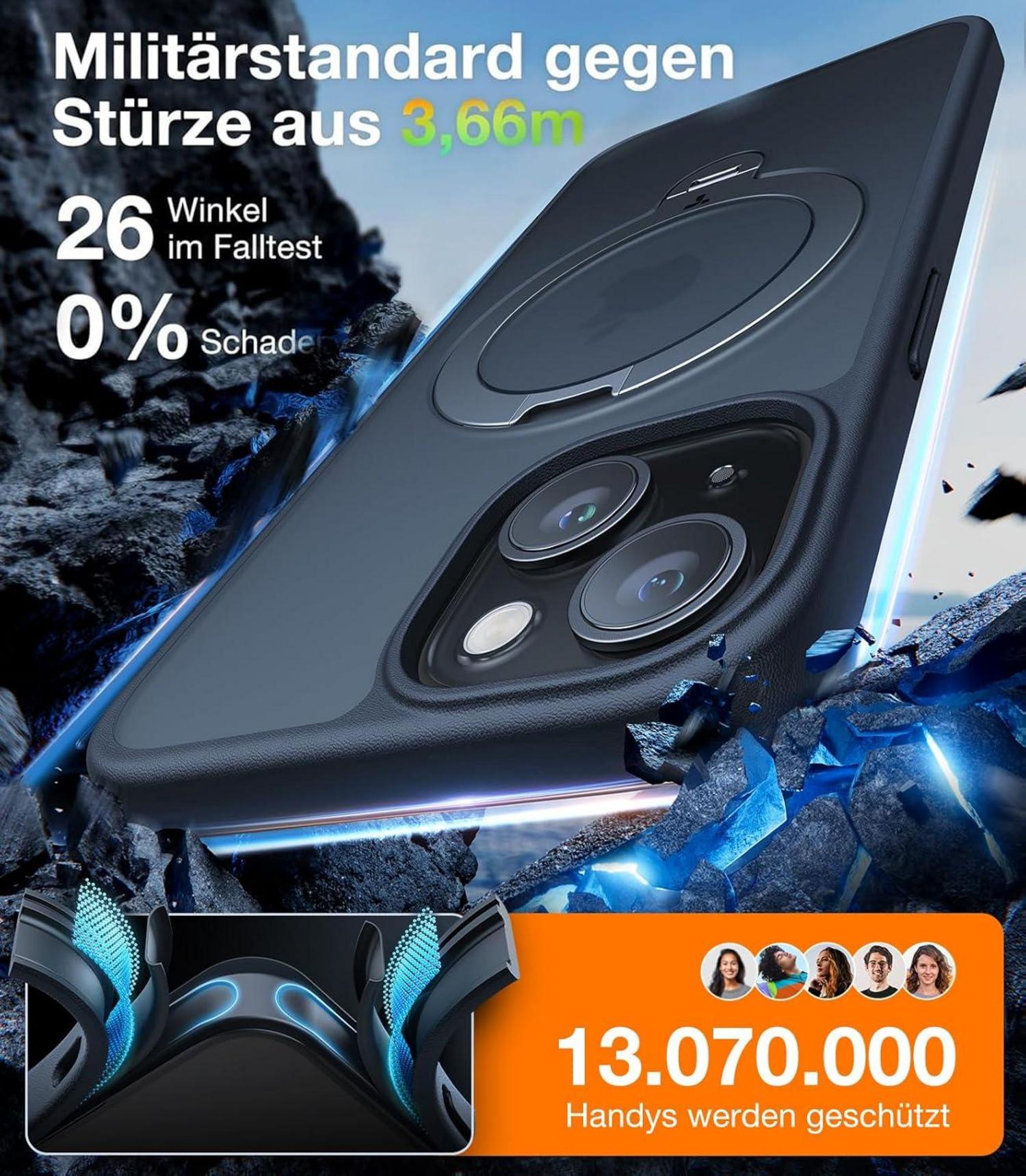 TORRAS 360° Ostand Spin iPhone 15 Hülle Militärschutz Samtweiche Haptik
