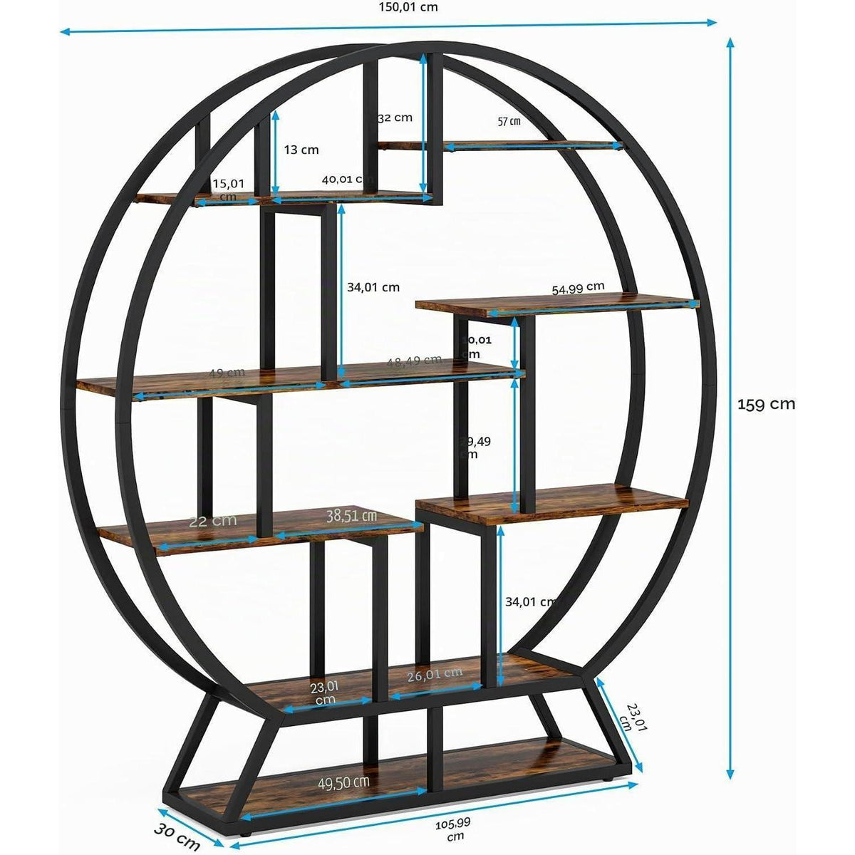 Rundes Bücherregal Industrie-Stil, 5 Etagere, 160cm hoch