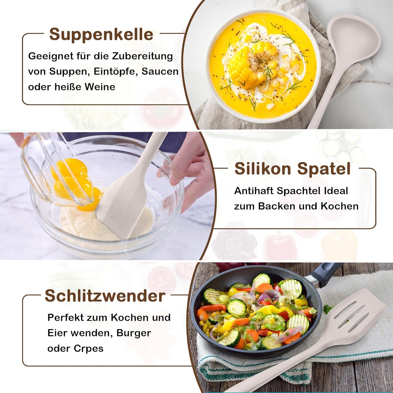 8-teiliges Silikon Küchenset, Hitzebeständiges Kochbesteck Khaki