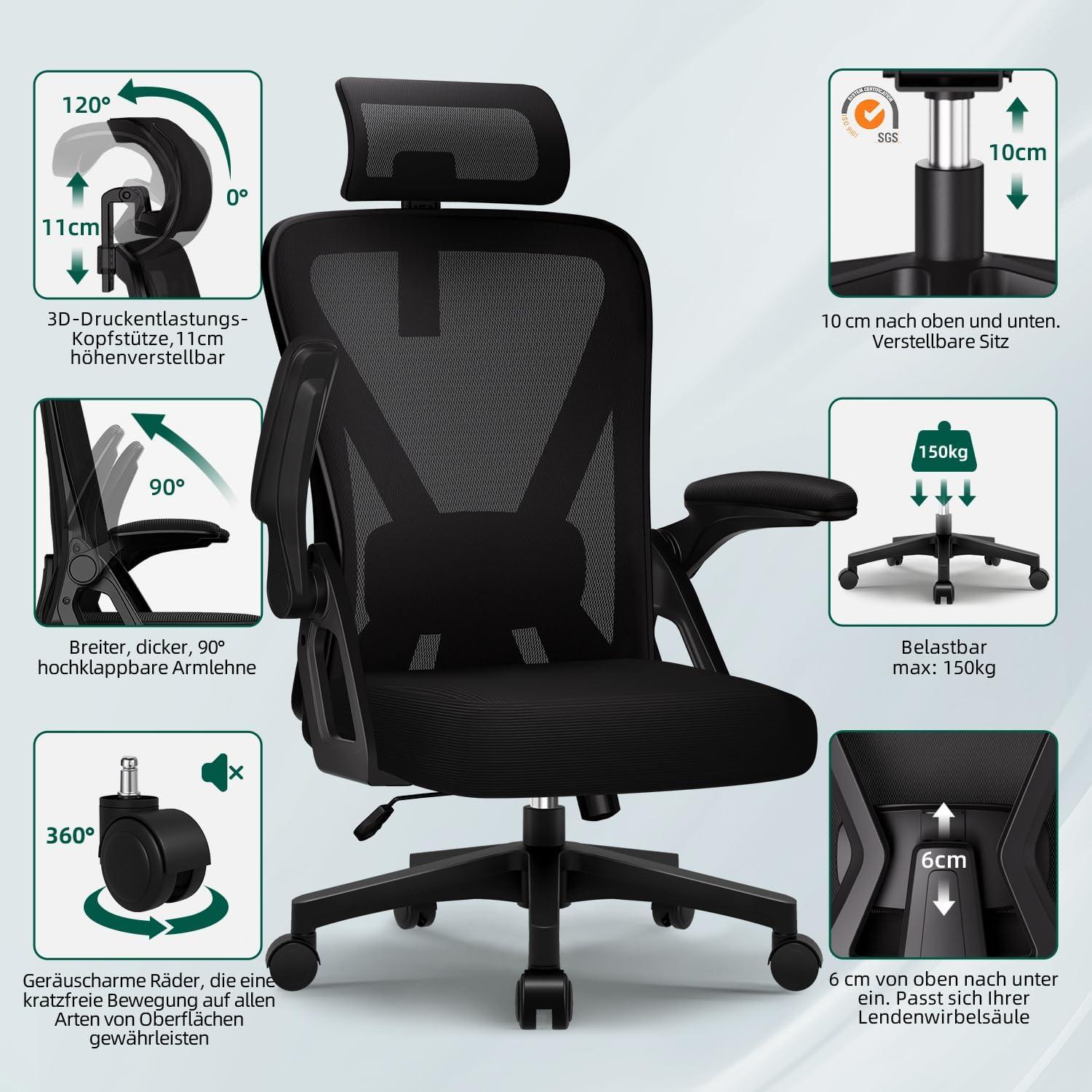 Airchros Bürostuhl ergonomisch verstellbar mit Kopfstütze, Armlehnen, Lendenwirbelstütze bis 135°, belastbar 150kg
