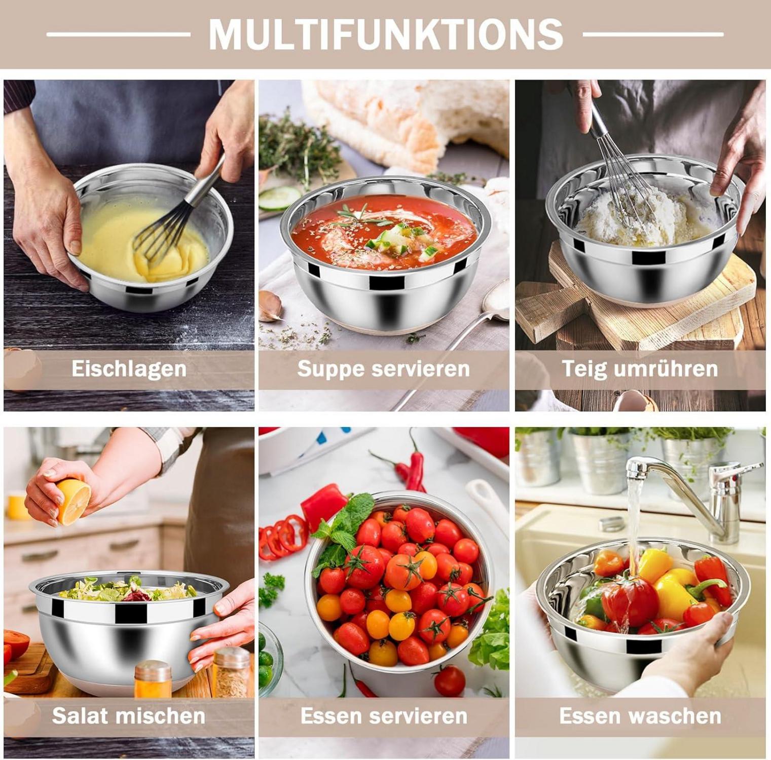 Homikit Edelstahl Rührschüssel Salatschüssel 6er Set Luftdichter Deckel