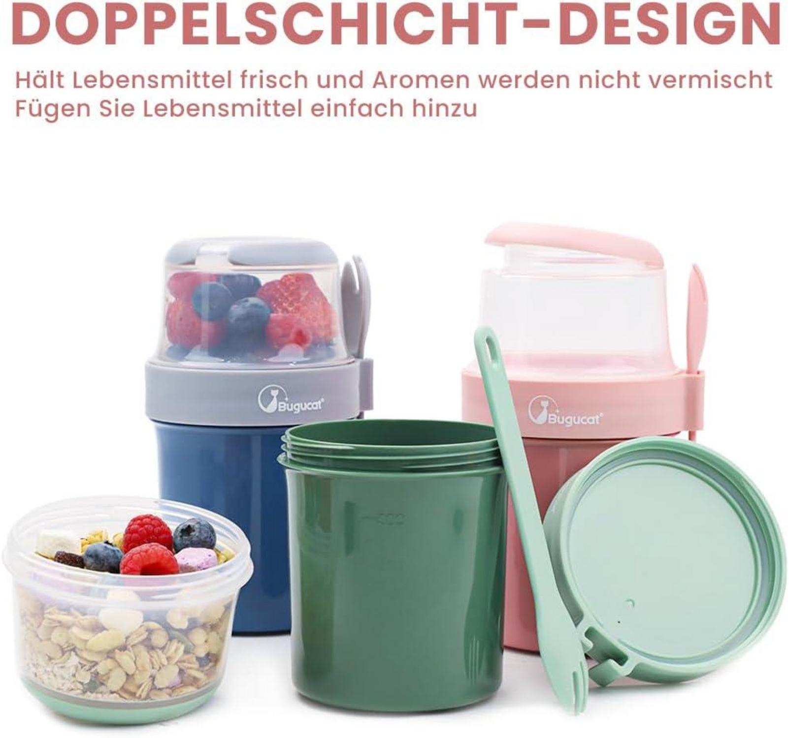 Bugucat 2in1 Müslibecher to Go 560ml+310ml, Lunchpot Joghurtbecher Salatbecher Yoghurt Blau+Rosa 2er Set