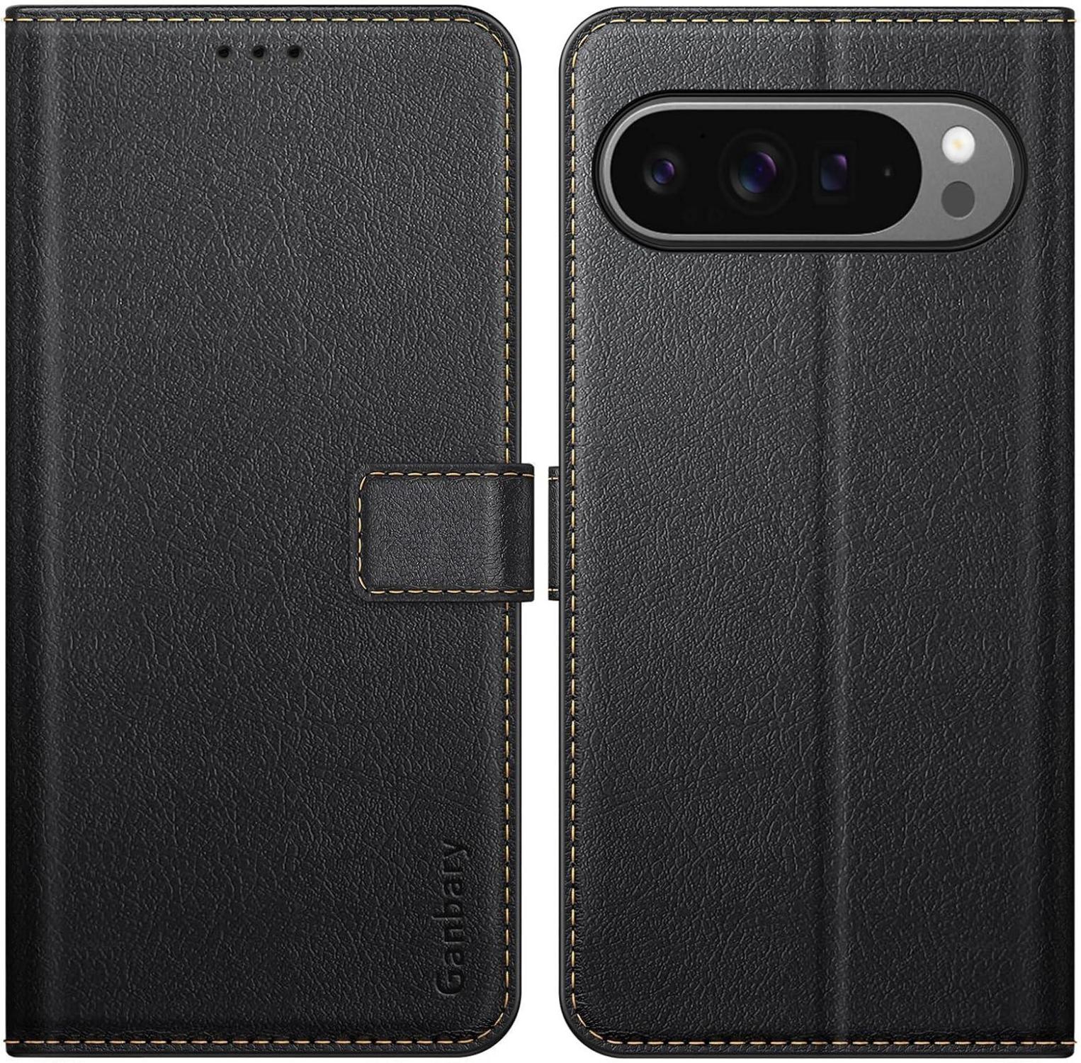Ganbary Google Pixel 9 Pro XL Handyhülle Leder Schwarz + 2 Kartenfächer & Standfunktion
