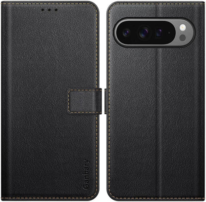 Ganbary Google Pixel 9 Pro XL Handyhülle Leder Schwarz + 2 Kartenfächer & Standfunktion