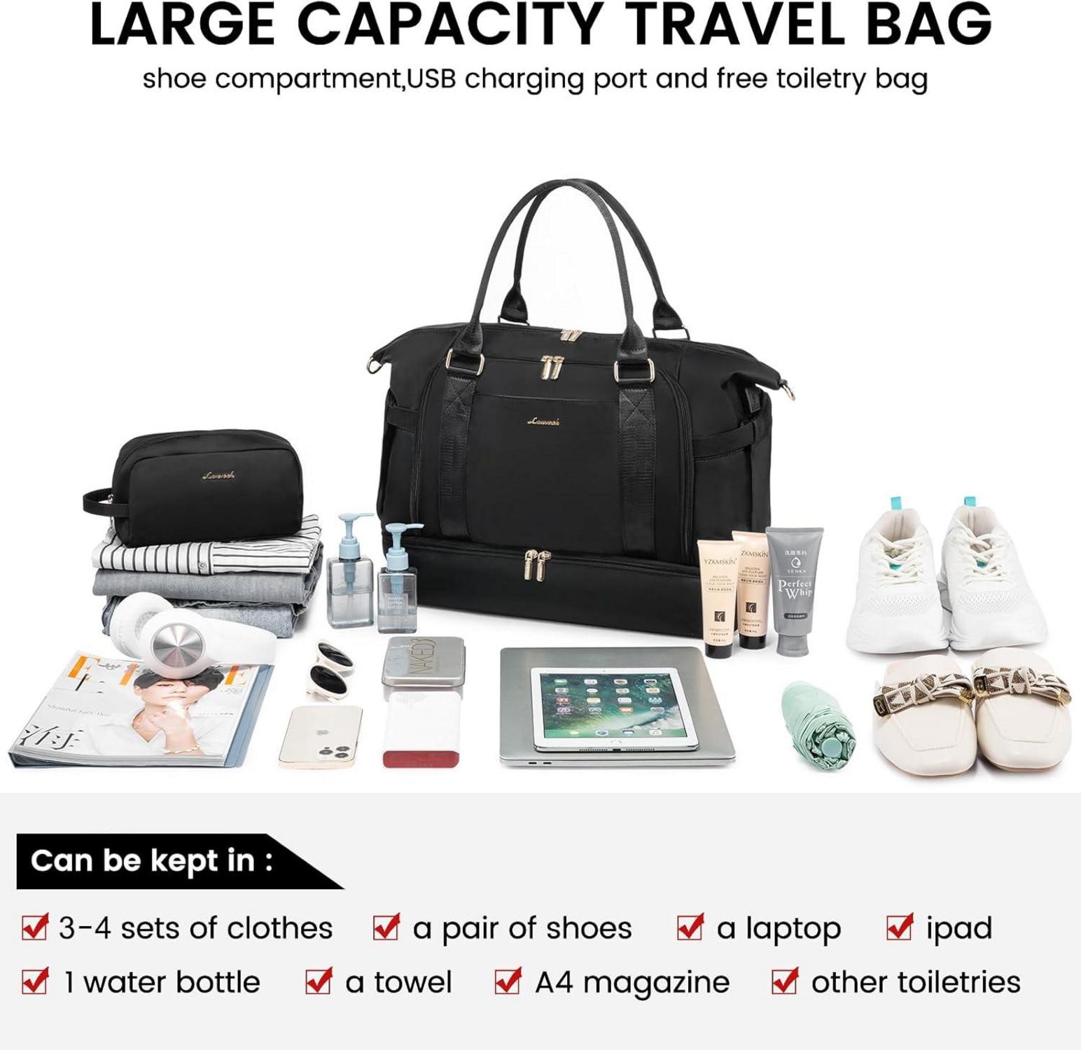 LOVEVOOK Sporttasche Damen Reisetasche Schwarz, Wasserdicht Gym Bag mit Schuhfach & Nassfach, Handgepäck Tasche