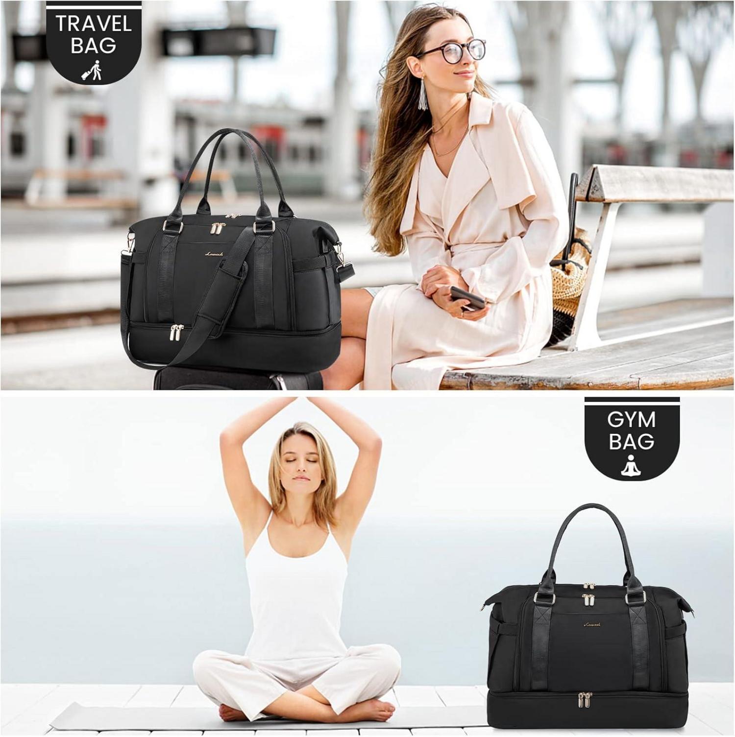 Sporttasche Damen Weekender Reisetasche Schwarz 37L