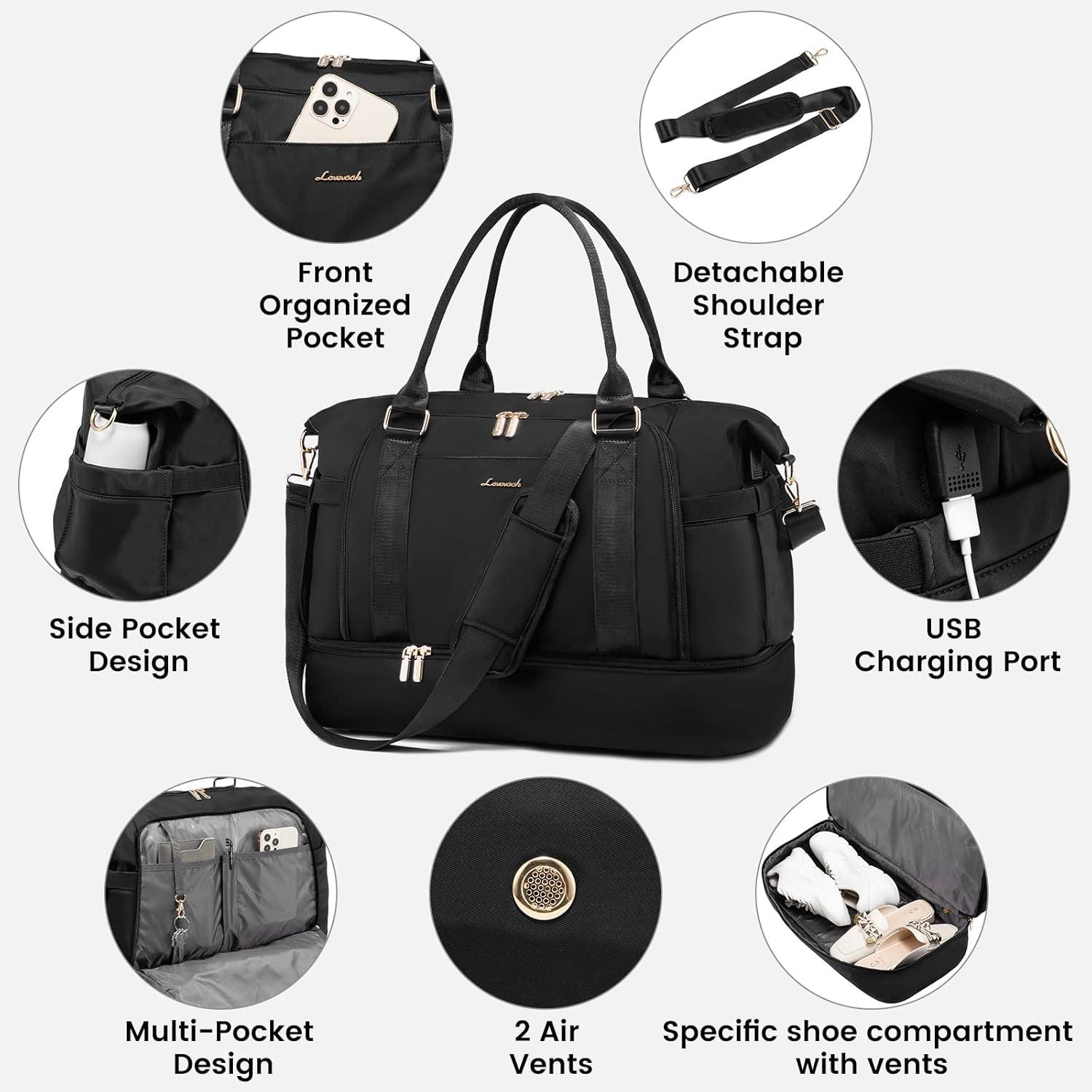 LOVEVOOK Sporttasche Damen Reisetasche Schwarz, Wasserdicht Gym Bag mit Schuhfach & Nassfach, Handgepäck Tasche