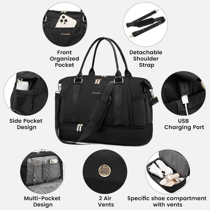 LOVEVOOK Sporttasche Damen Reisetasche Schwarz, Wasserdicht Gym Bag mit Schuhfach & Nassfach, Handgepäck Tasche