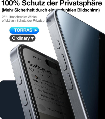 TORRAS Panzerglas Sichtschutzfolie iPhone 15 Pro Max 9H+ Bruchsicher 2 Stück Schwarz